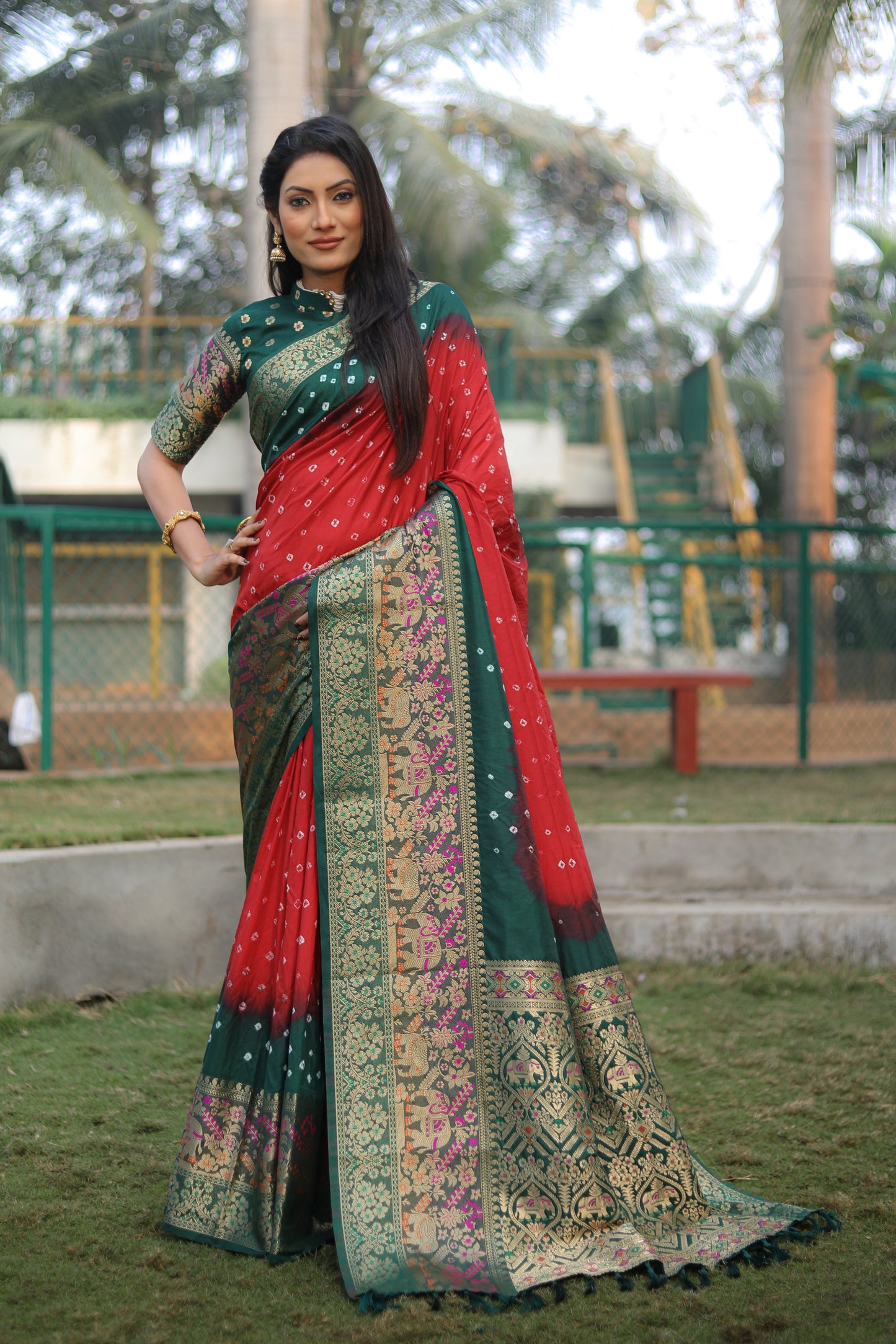 Bandhani Print Green With Red Zari Weaving Silk Saree