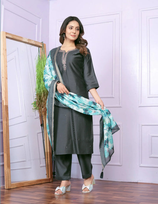 Attractive Grey Hand Work Kurti Set Printed Dupatta