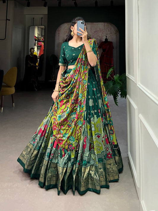 Exclusive Kalamkari Print Green Color Festive Wear Lehenga Choli