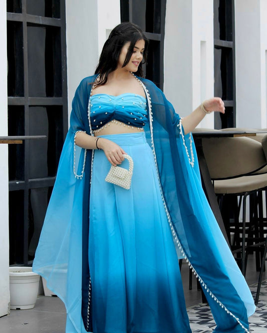 Outstanding Double Shaded Sky Blue Color Palazzo Top With Shrug