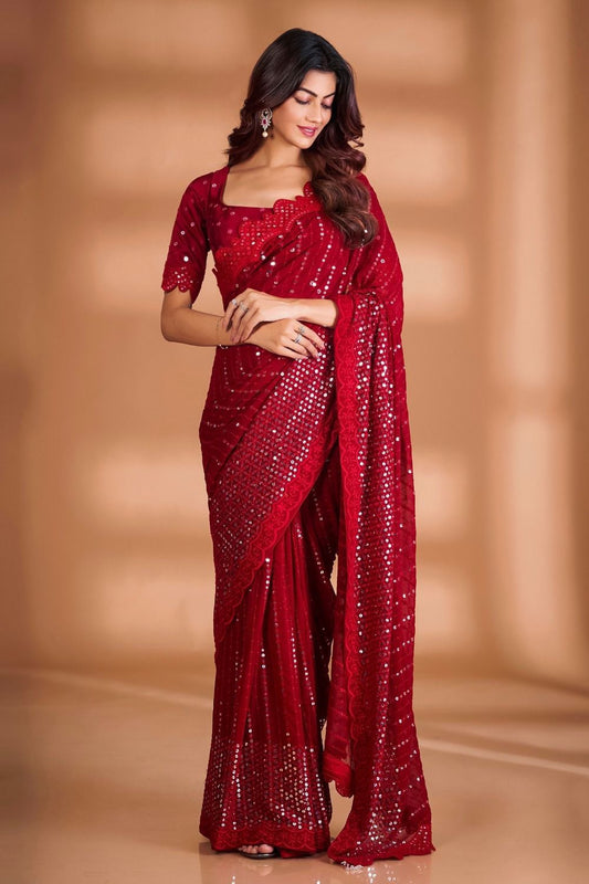 Pattern Wedding & Party Wear  Embroidery Work Red Color Saree