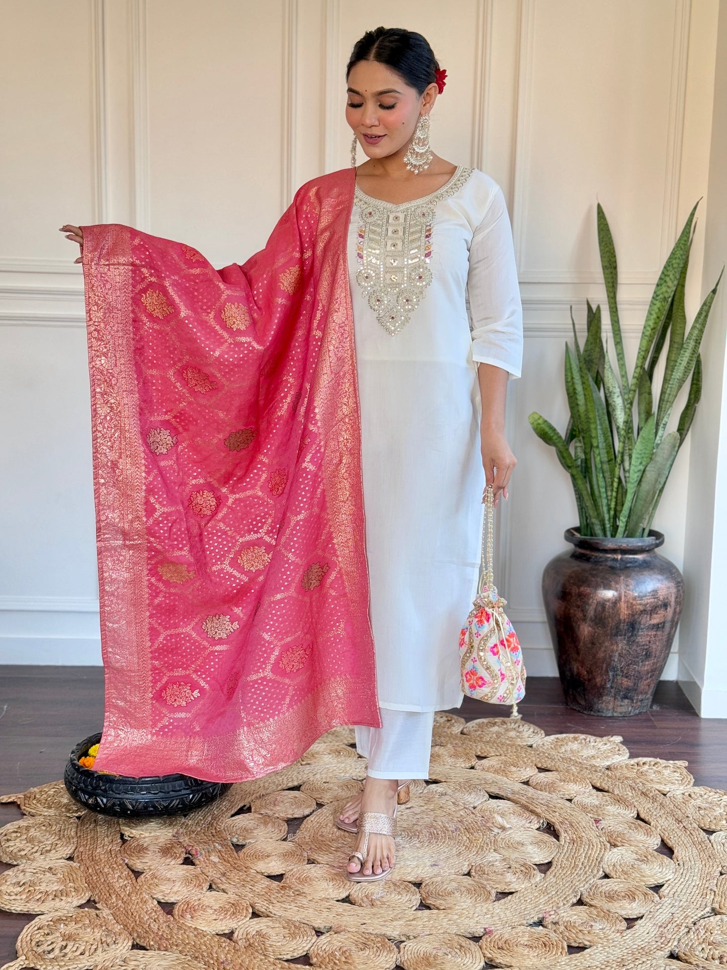 Women Chanderi Embroidery Work Kurta With Trouser & Dupatta