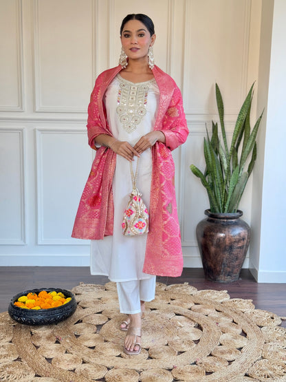 Women Chanderi Embroidery Work Kurta With Trouser & Dupatta