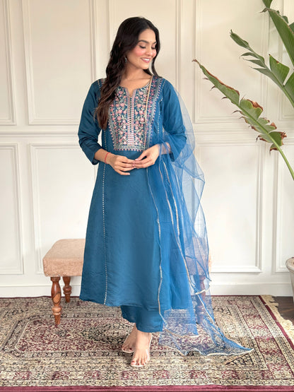 Women Kurta Set Floral Embroidered A-Line Kurta with Pants & Dupatta