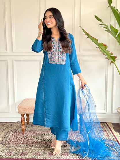 Women Kurta Set Floral Embroidered A-Line Kurta with Pants & Dupatta