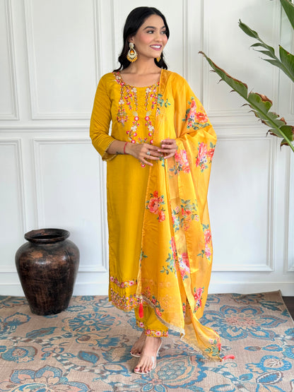 Women Mustard Floral Print A-Line Kurta Pants Set with Dupatta