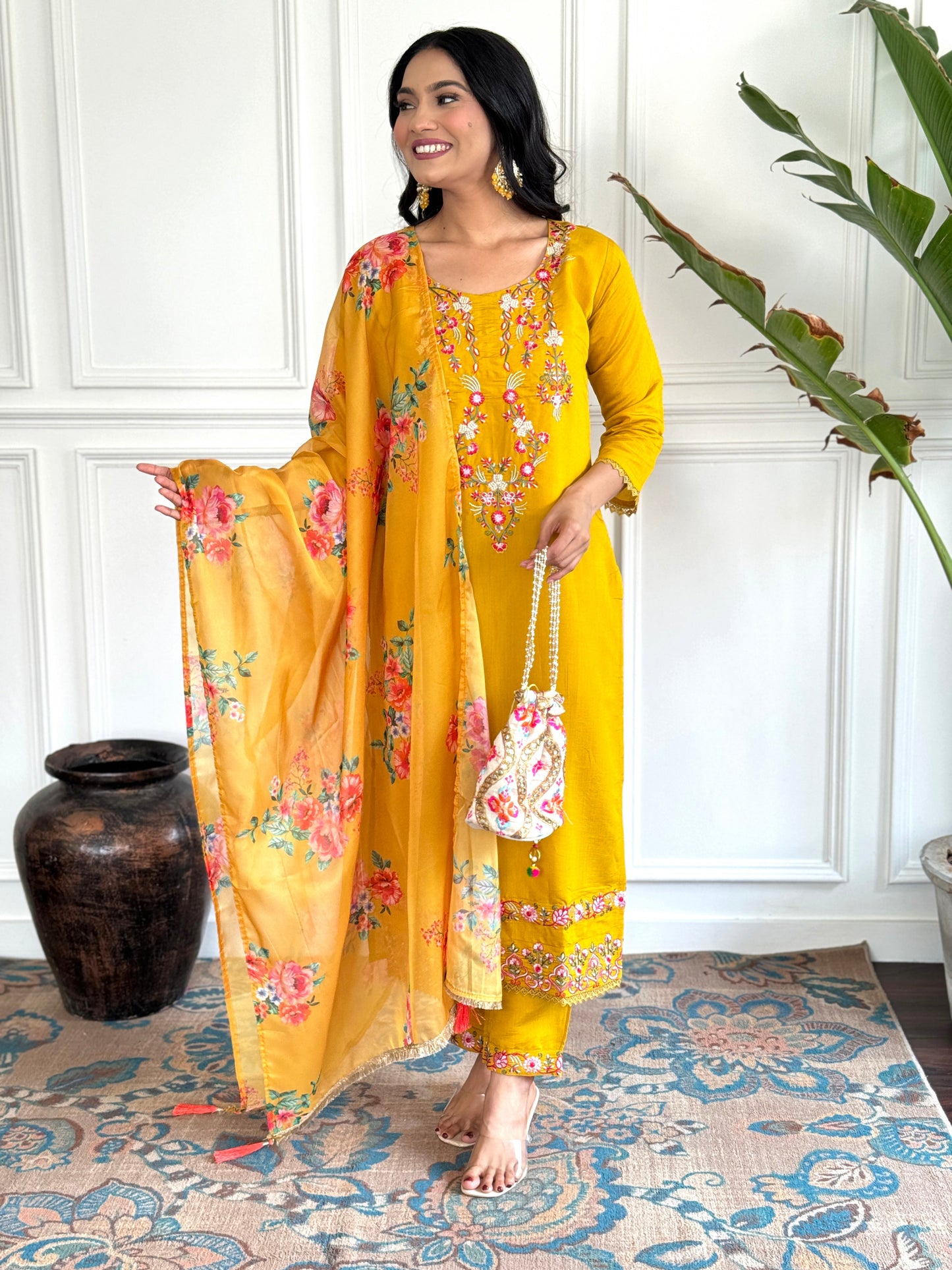 Women Mustard Floral Print A-Line Kurta Pants Set with Dupatta