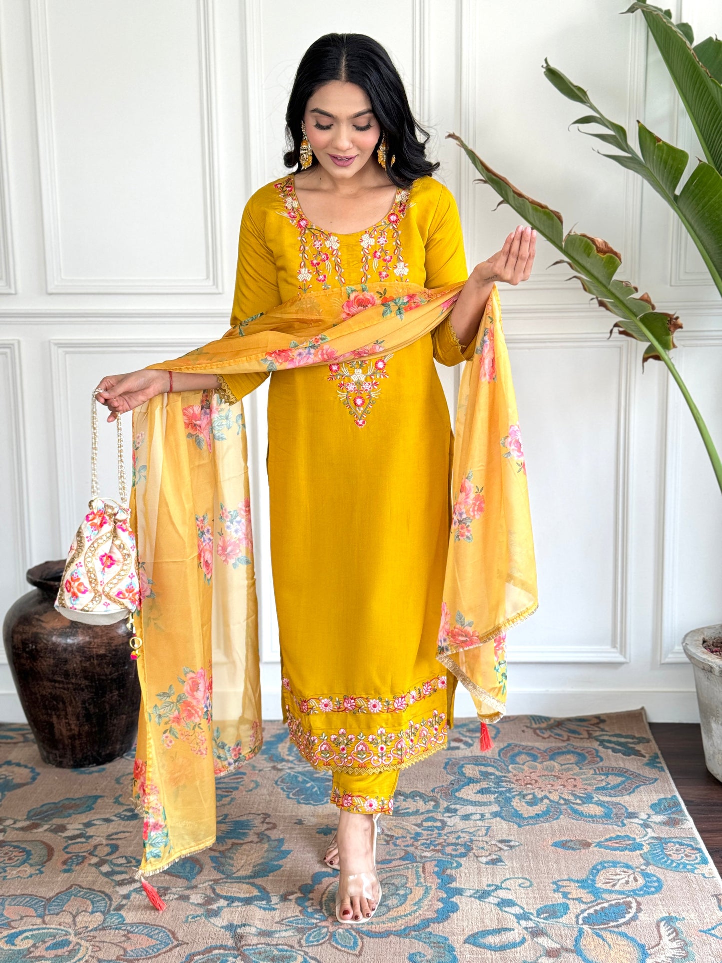 Women Mustard Floral Print A-Line Kurta Pants Set with Dupatta