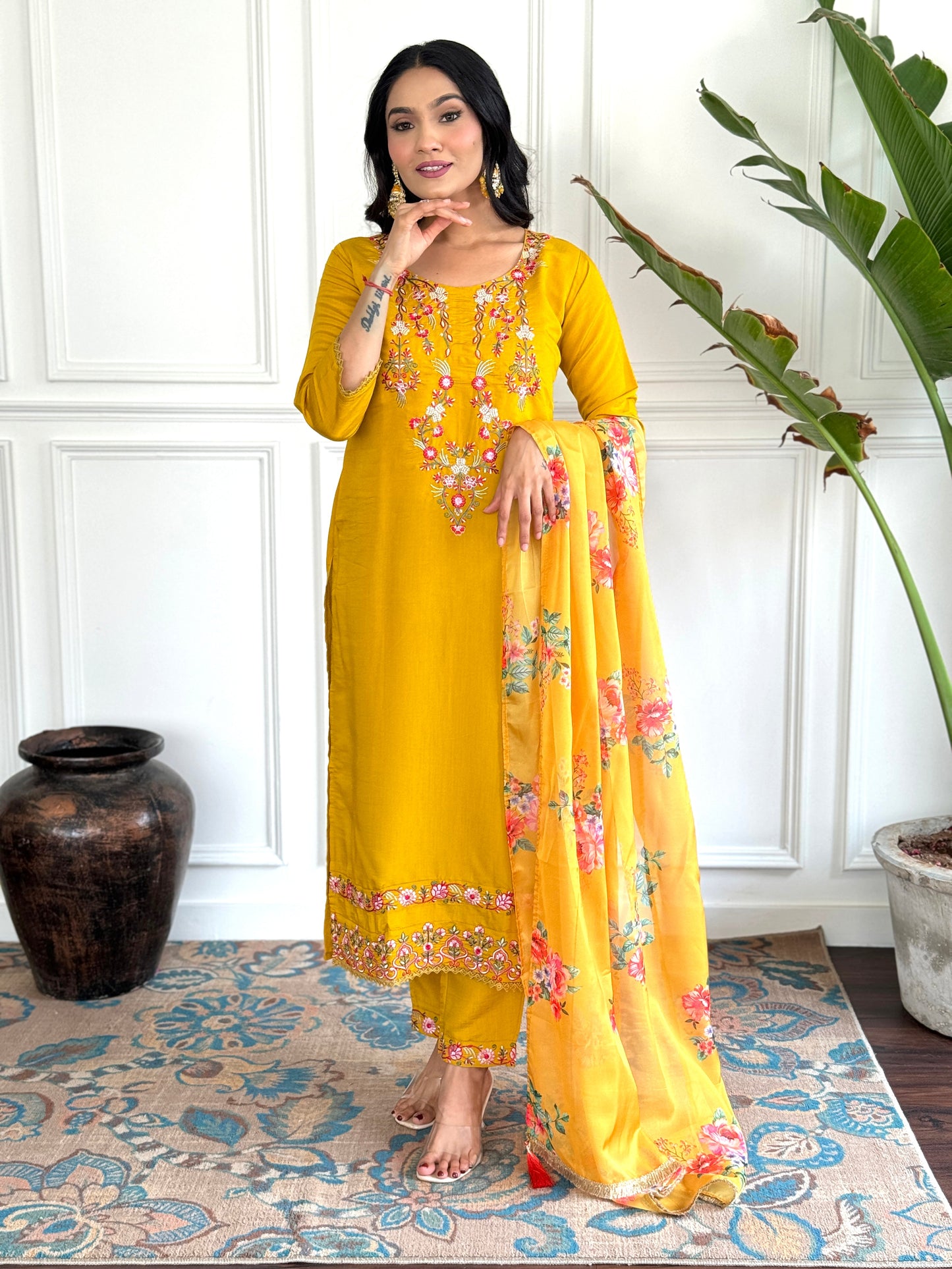 Women Mustard Floral Print A-Line Kurta Pants Set with Dupatta