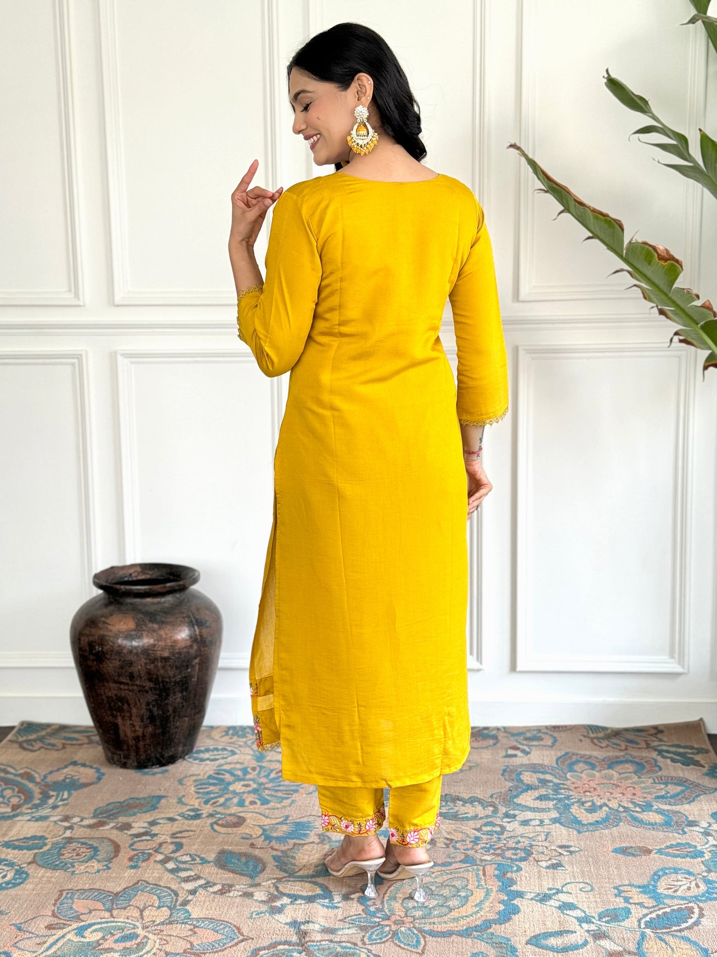 Women Mustard Floral Print A-Line Kurta Pants Set with Dupatta