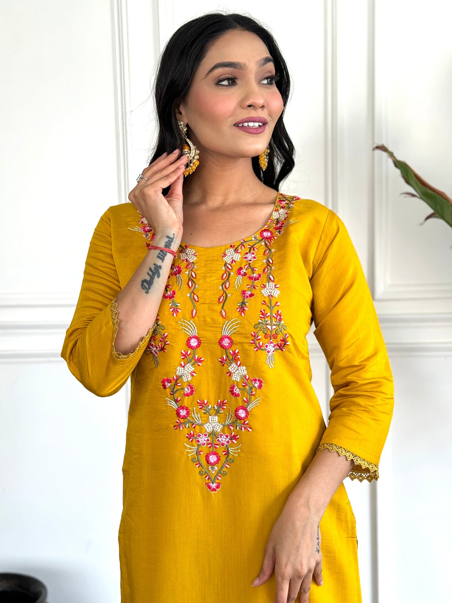 Women Mustard Floral Print A-Line Kurta Pants Set with Dupatta