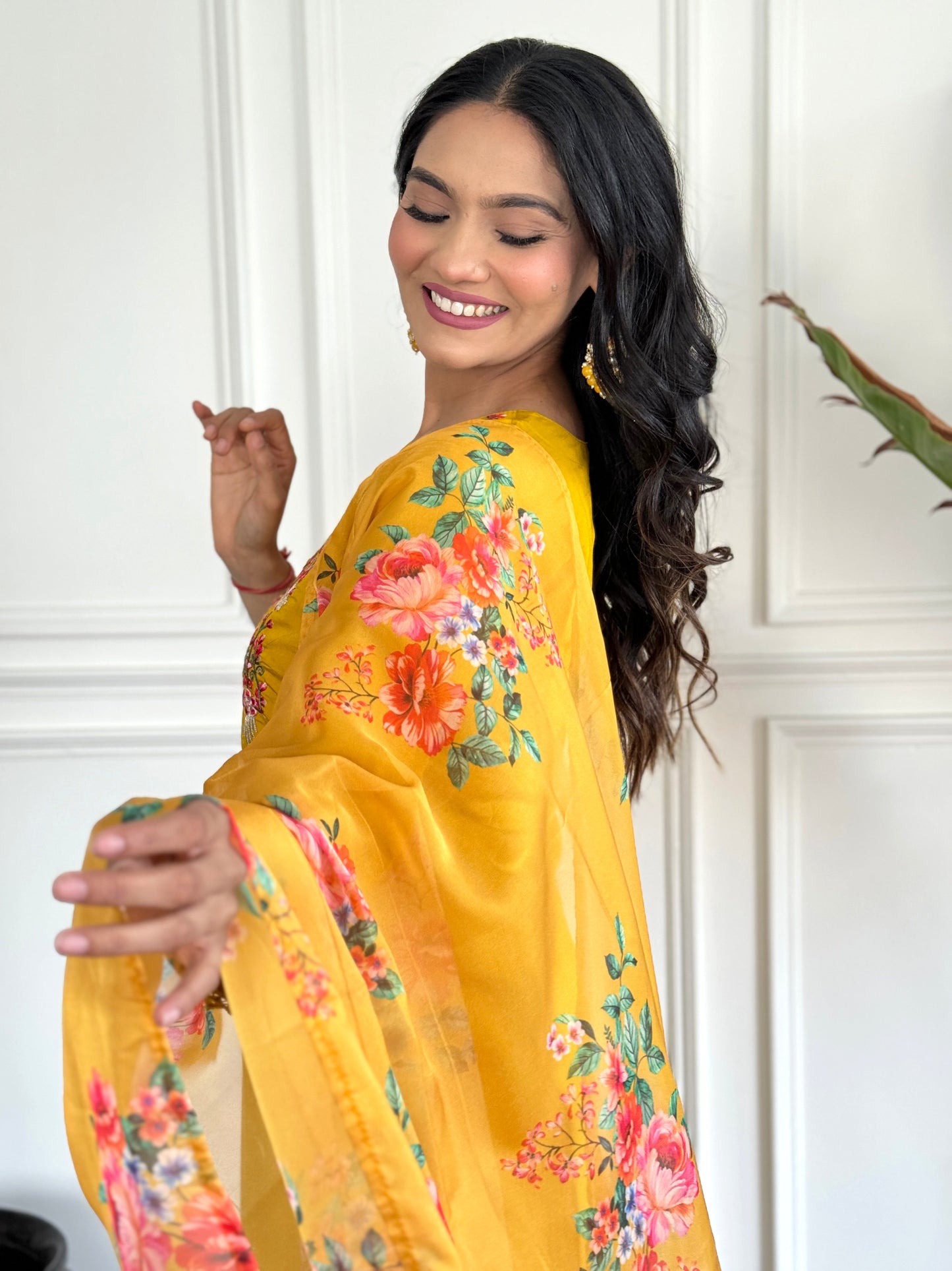 Women Mustard Floral Print A-Line Kurta Pants Set with Dupatta