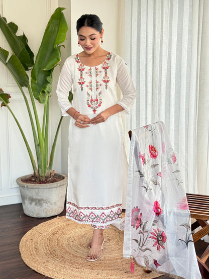 Women White Designer Embroidered Straight Kurta Set