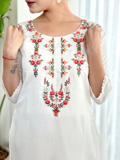 Women White Designer Embroidered Straight Kurta Set