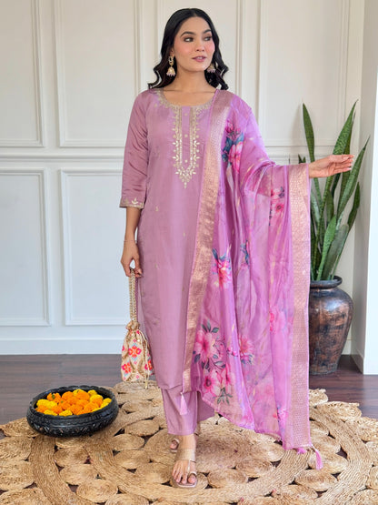 Women Embroidered Designer Purple Kurta set