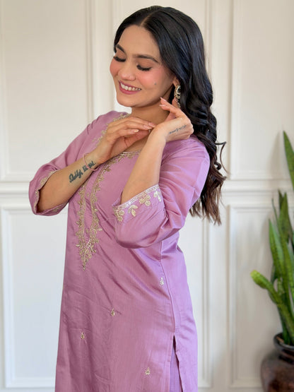 Women Embroidered Designer Purple Kurta set