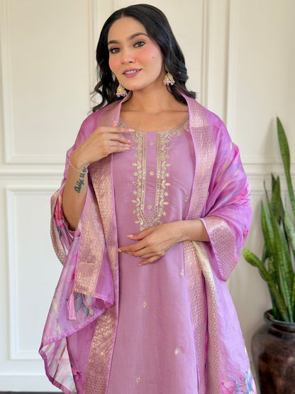 Women Embroidered Designer Purple Kurta set