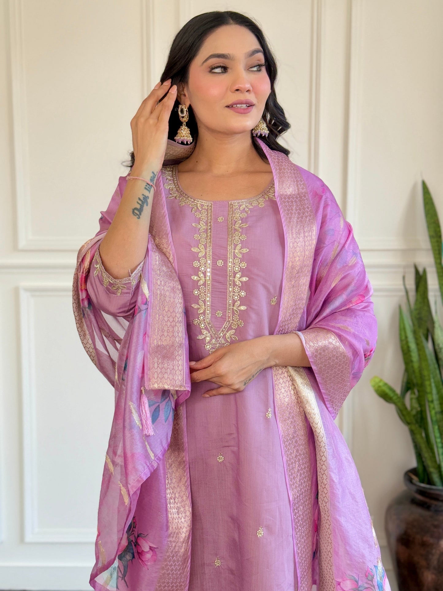 Women Embroidered Designer Purple Kurta set