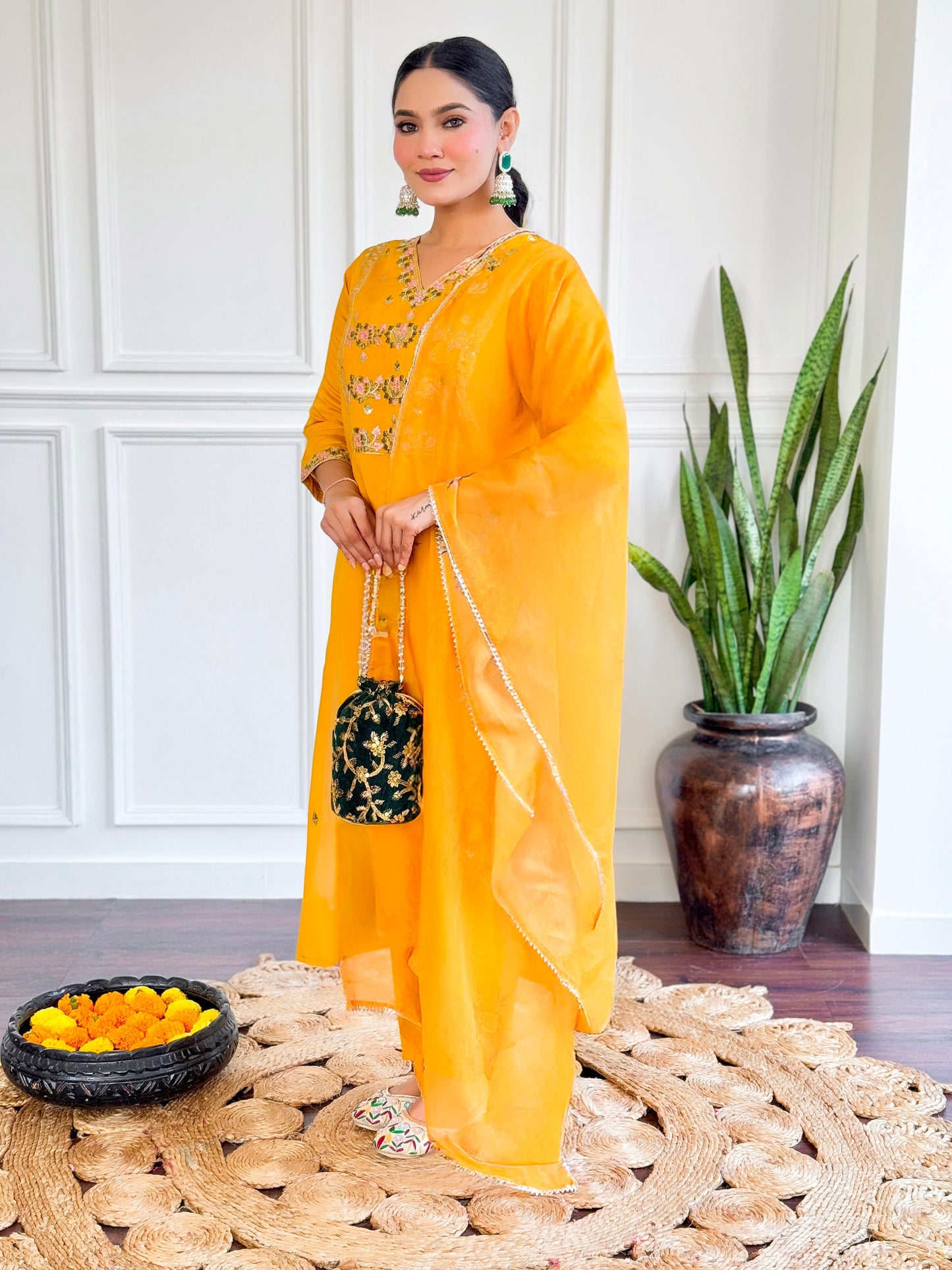 Women Etheric Yellow Chanderi Plain Kurta Set