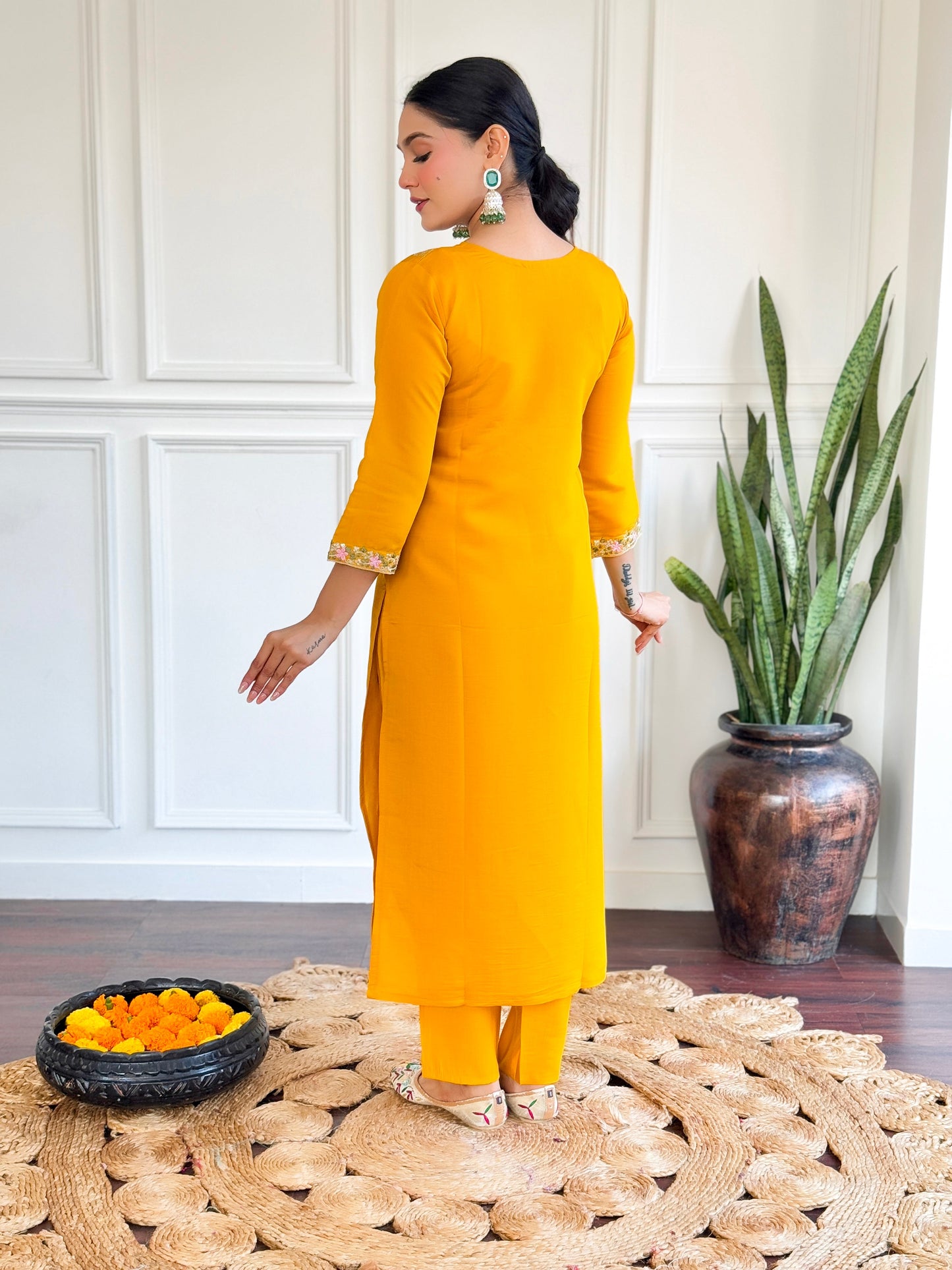 Women Etheric Yellow Chanderi Plain Kurta Set