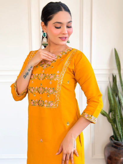 Women Etheric Yellow Chanderi Plain Kurta Set