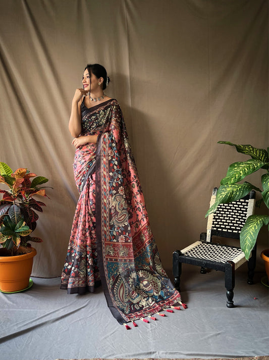 Stylish Kalamkari Print Pink Color Saree