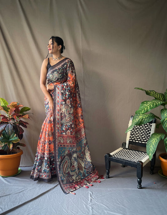 Stylish Kalamkari Print Orange Color Saree