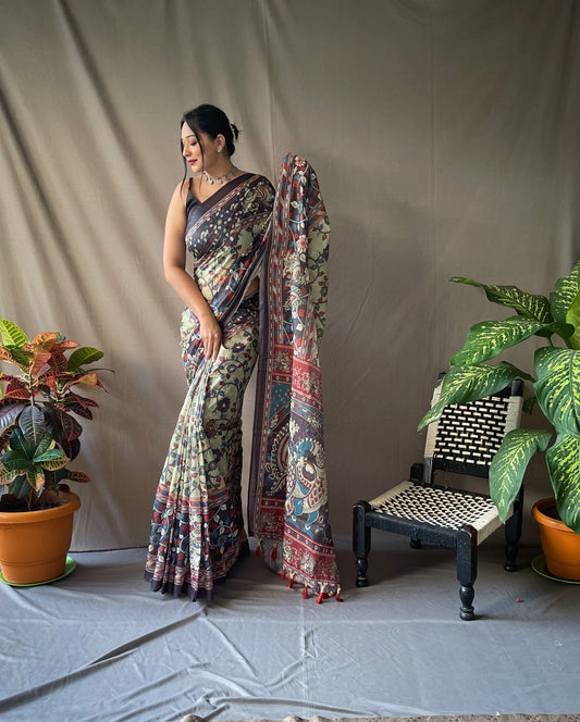 Stylish Kalamkari Print Pista Color Saree