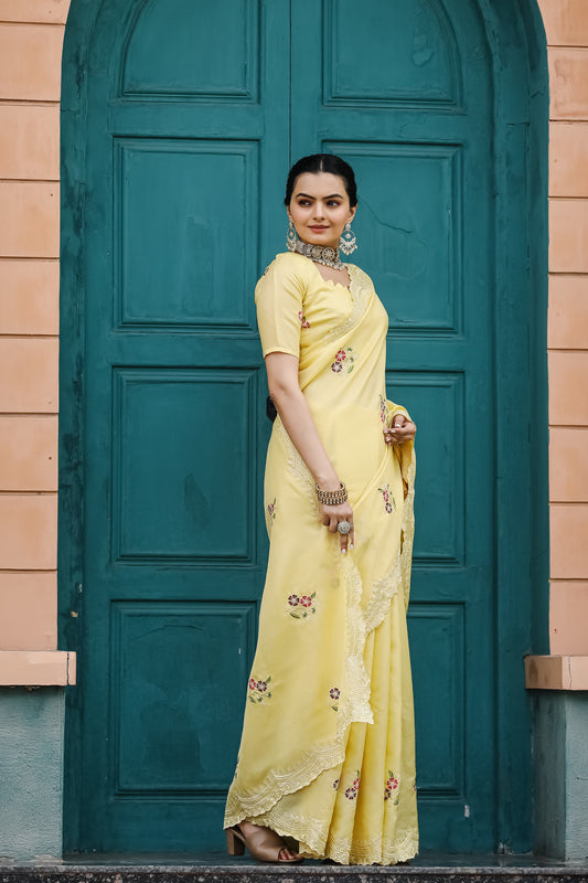 Designer Floral Print With Embroidery Work Yellow Saree