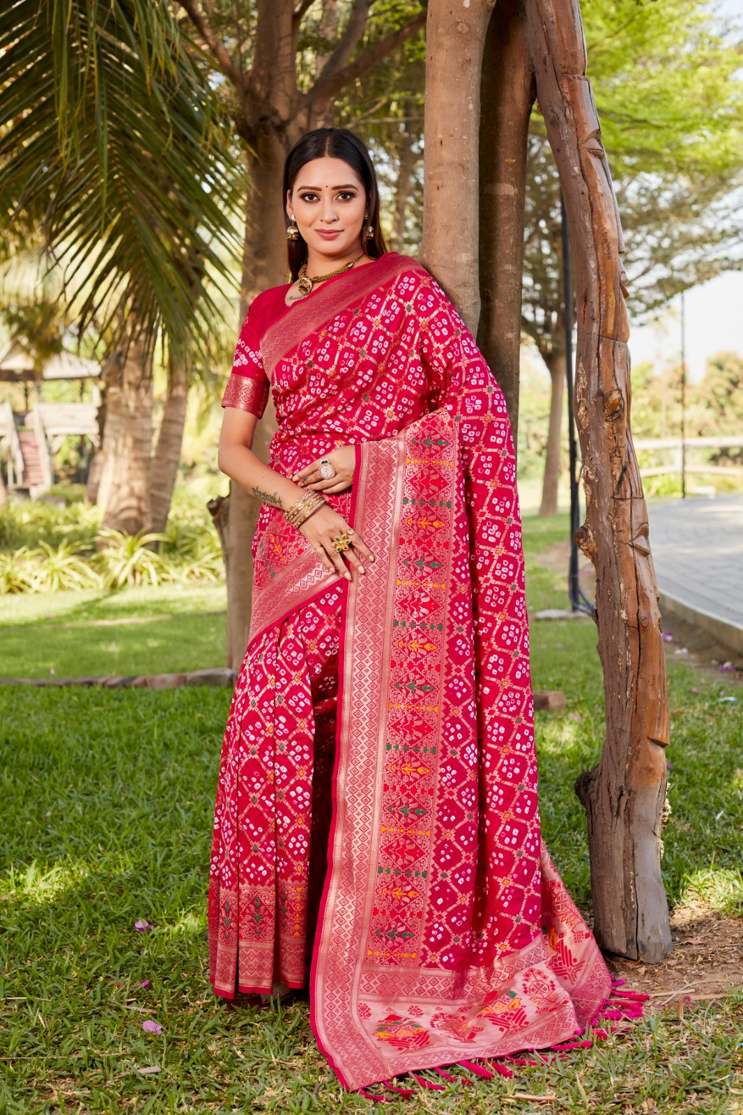 Designer Zari Border Pink Color Gharchola Bandhej Silk Saree