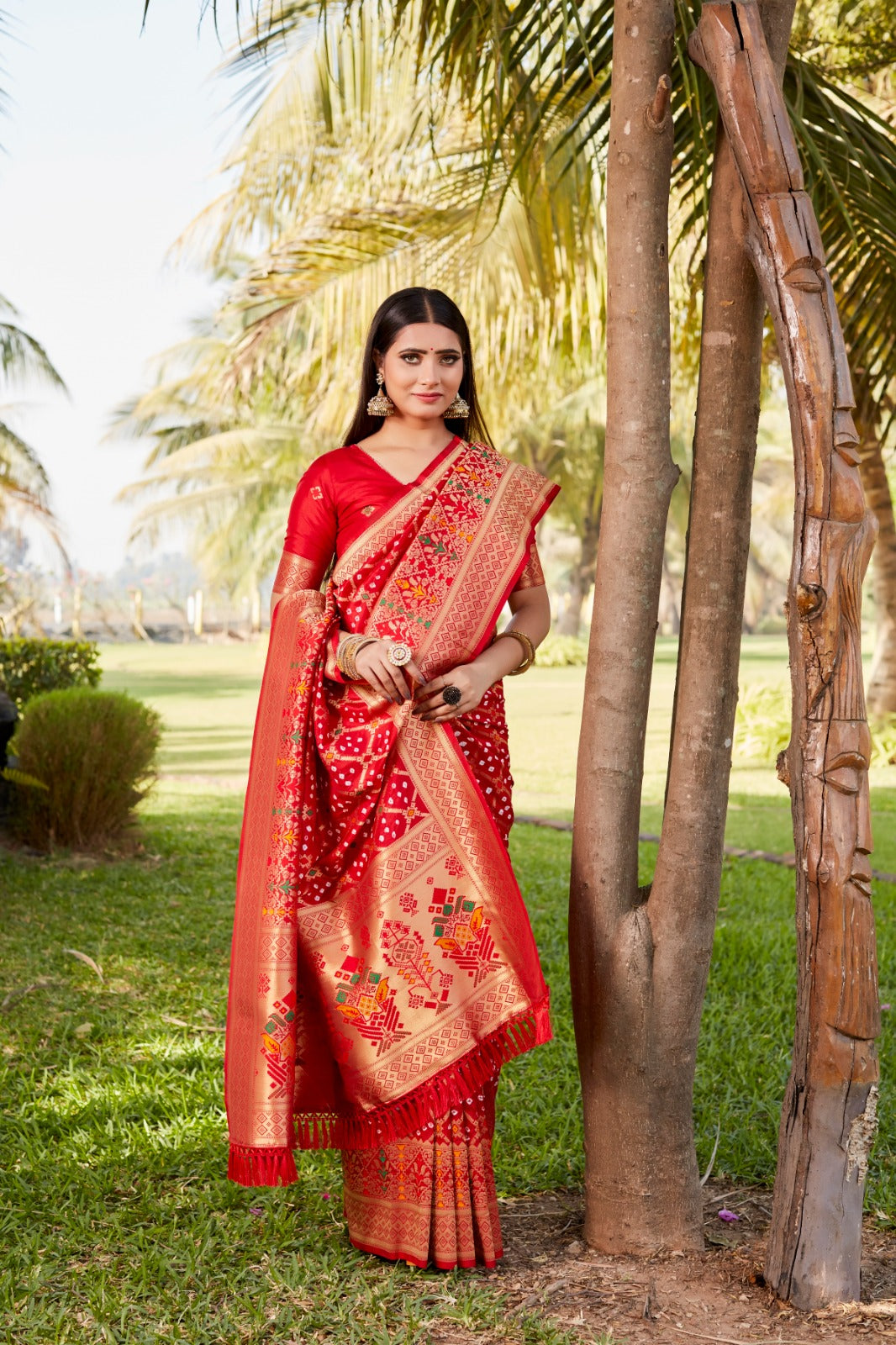 Designer Zari Border Red Color Gharchola Bandhej Silk Saree