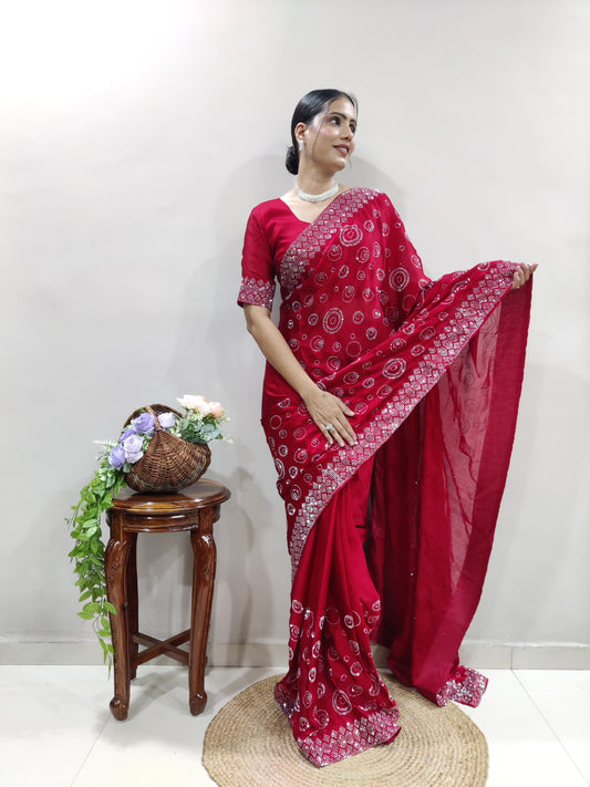 Ready To Wear Swarovski Diamond Work Red Saree