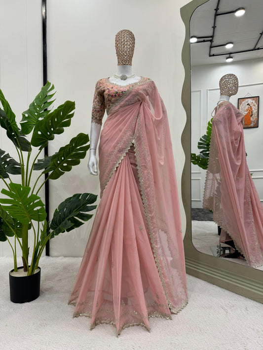 Wedding Wear Peach Color Thread Work Saree