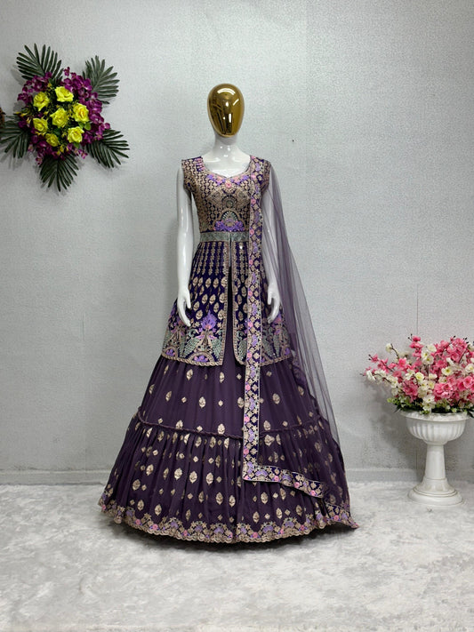 Function Wear Heavy Chine Stitch Work Purple Lehenga With Top