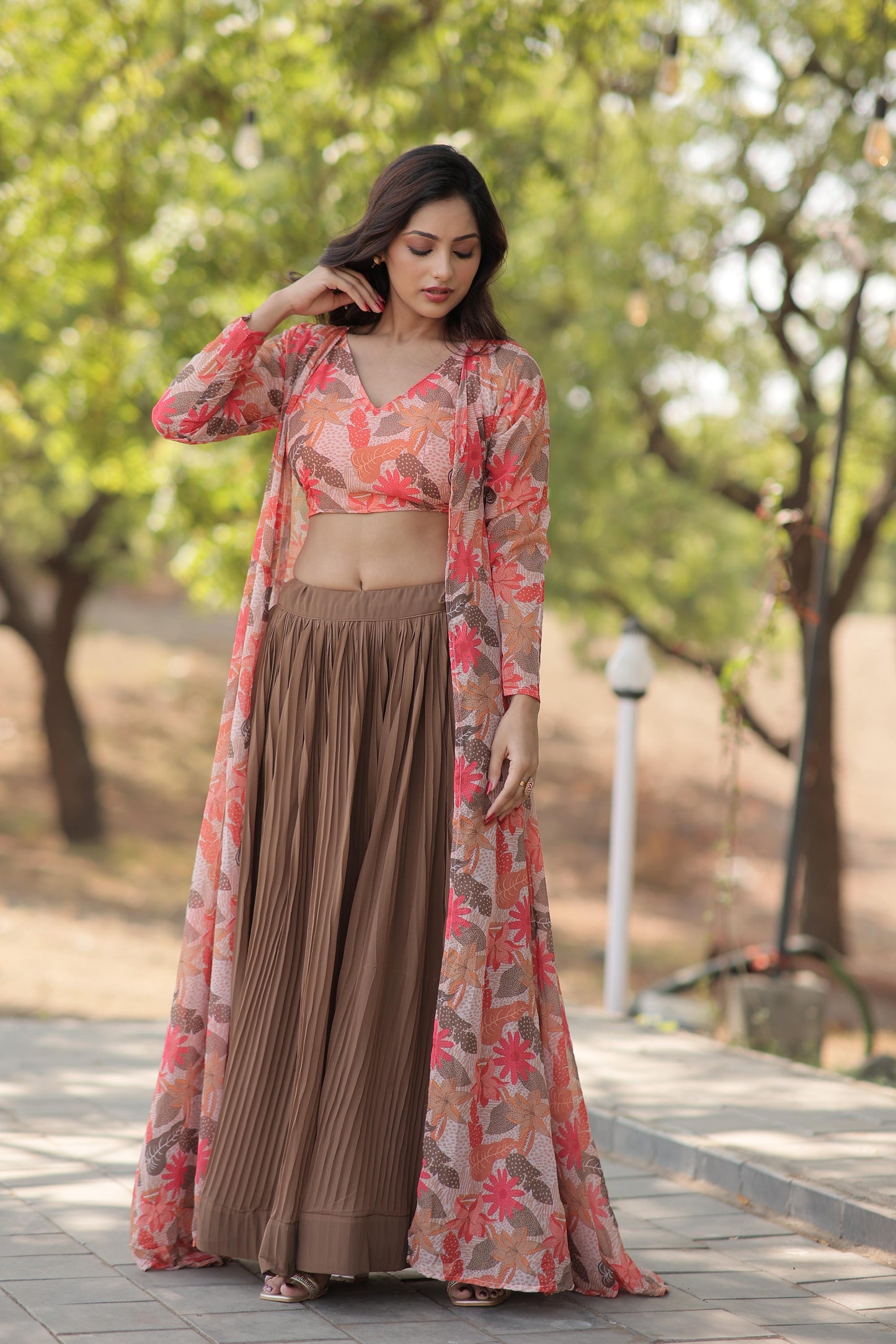 Crush Beige Lehenga With Peach Flower Print Blouse and Shrug