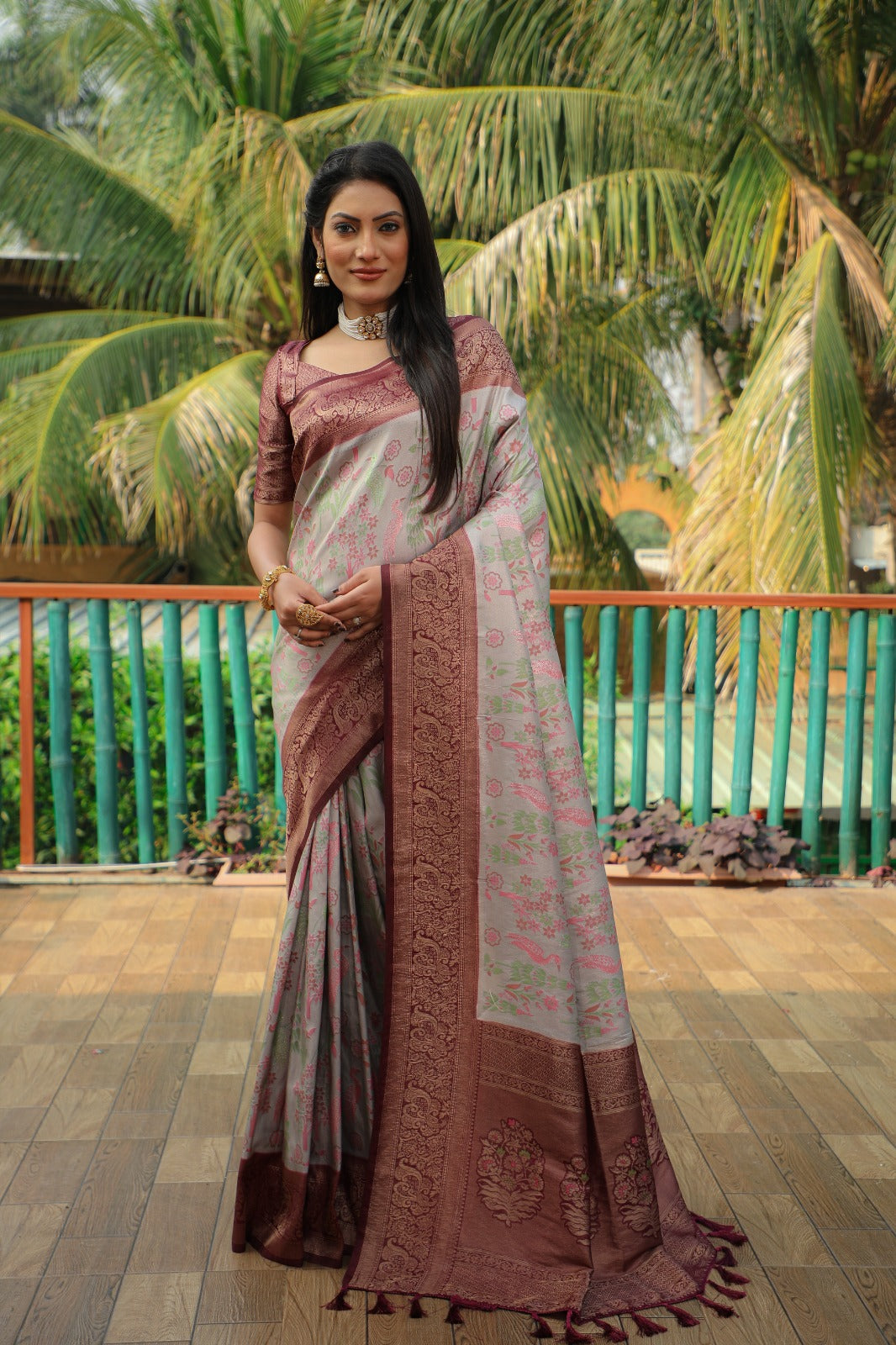 Beautiful Maroon Border With Grey Color Kanjivaram Silk Saree