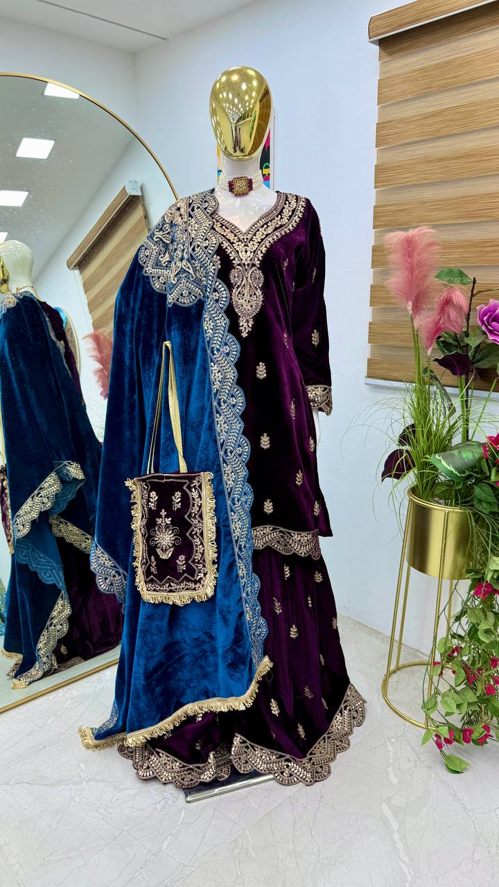 Designer Velvet Pink Color With Plazzo Suit With Black Color Dupatta