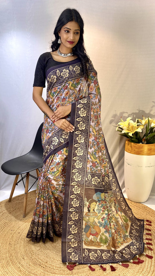 Attractive Cotton Chanderi Lavender & Blue Border Saree