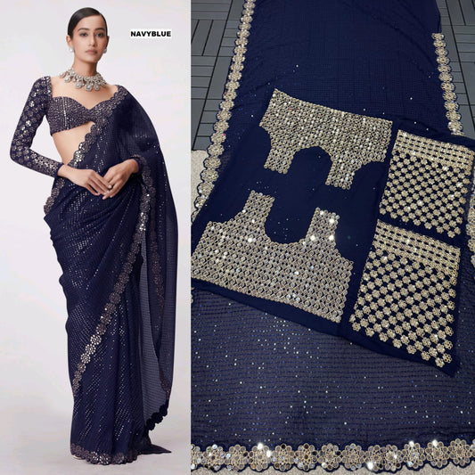 Stylish Georgette Original Mirror Blue Color Saree