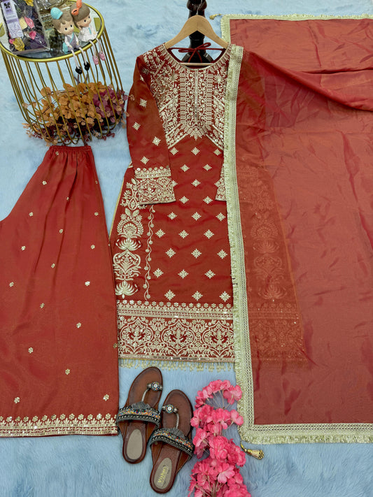 Lovely Banarasi Silk Sequence Work Orange Color Sharara Suit