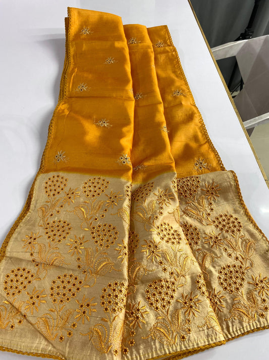 Preferable Embroidery With Cut Work Designer Yellow Color Sarees