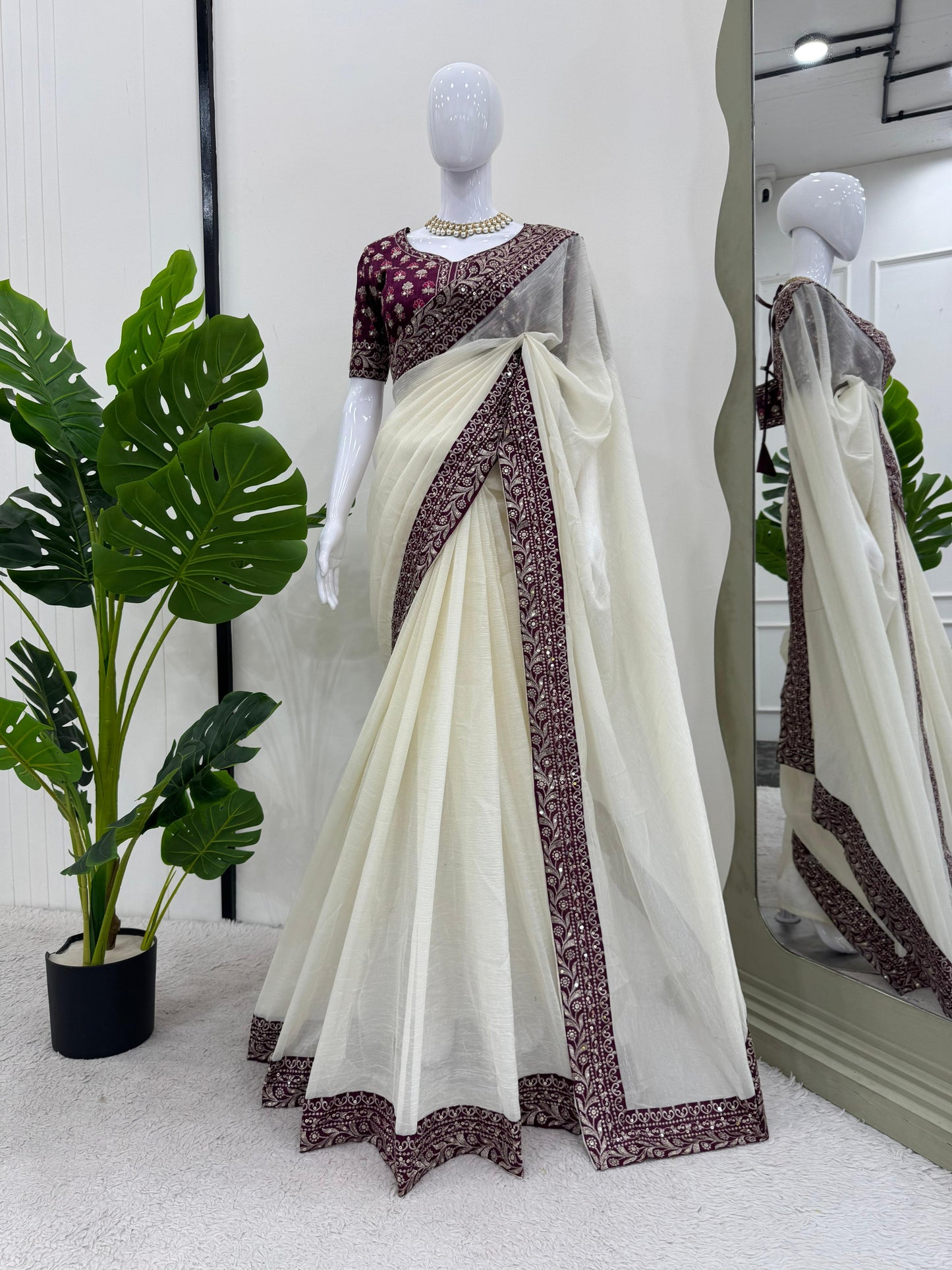 Pattern Wedding & Party Wear Thred  With Sequence Work White Color Designer Saree