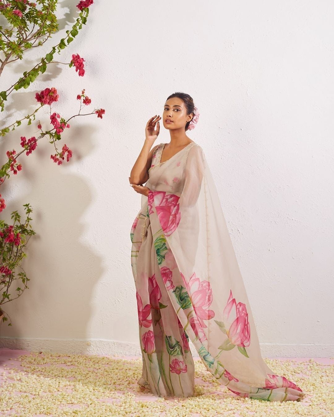 Flower Print with Work Off White Color Designer Saree