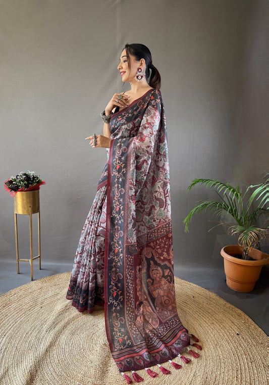 Stylish Digital Print With Beautiful Pallu Grey Color Saree