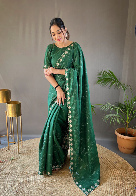 Ready To Wear Sequence With Cut Work Green Color Saree