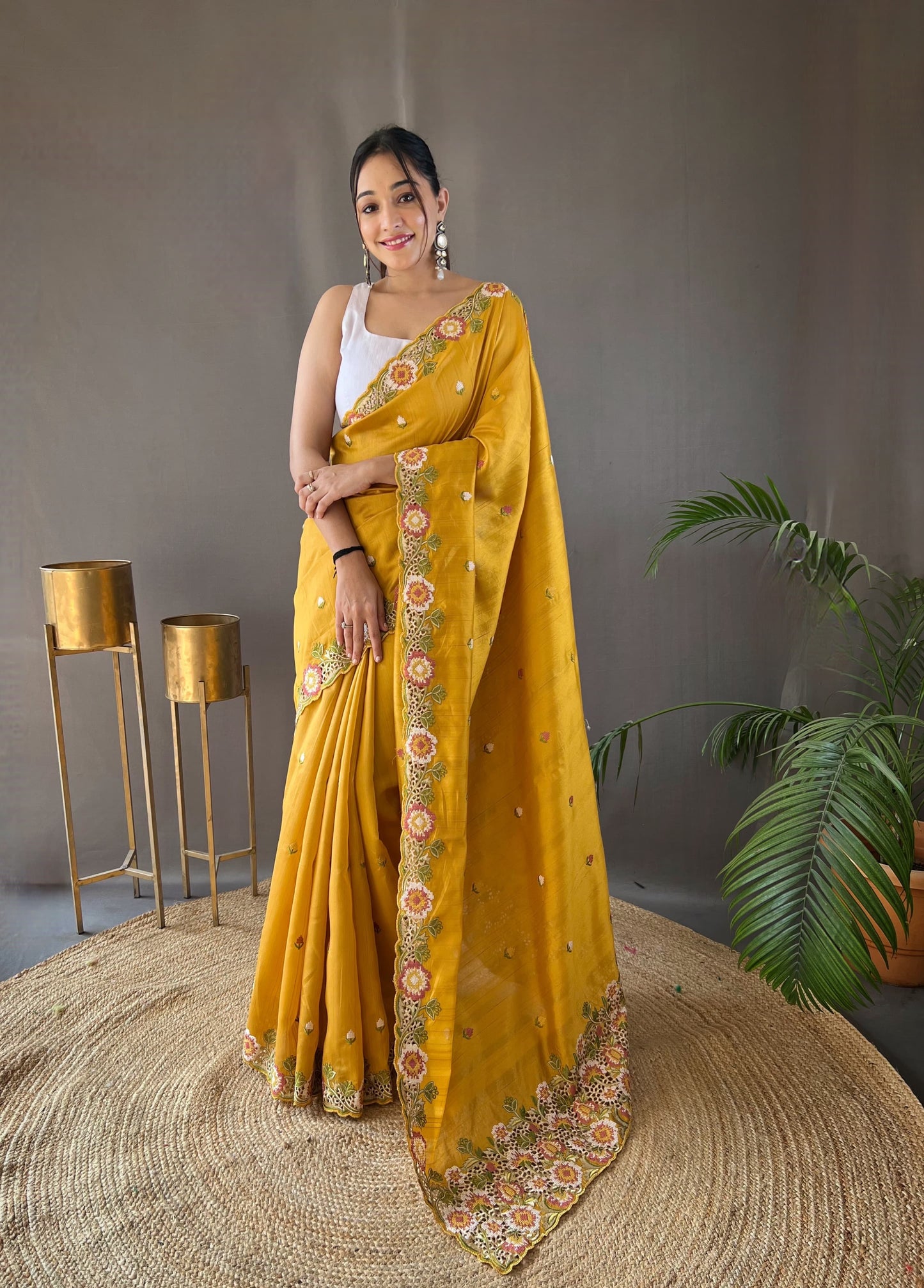 Beautiful Mustard Embroidery Butti With Cut Work Silk Saree