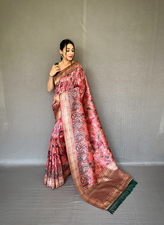 Presenting Kalamkari Fusion Peach Printed Saree