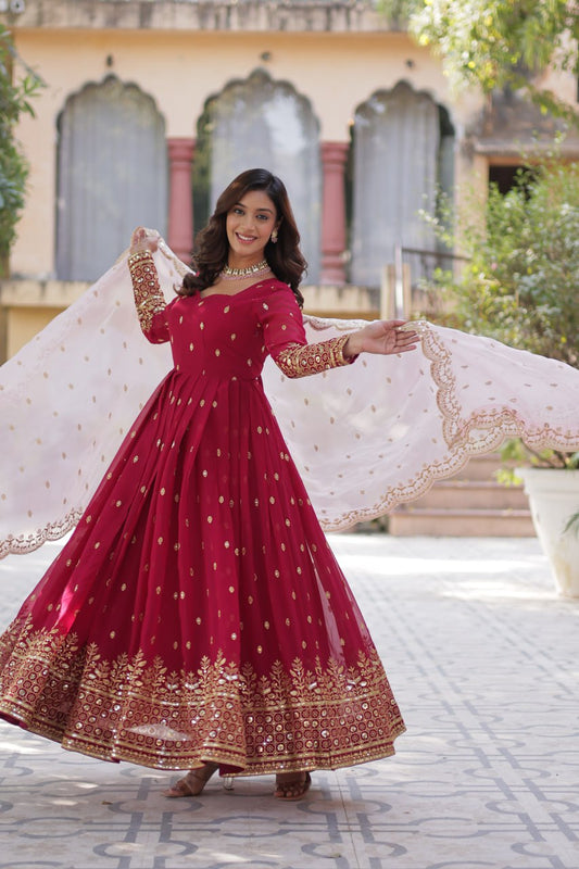 Attractive Embroidery Zari Sequins Work Pink Color Gown With Dupatta