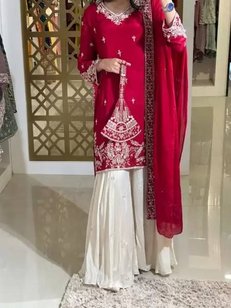 Captivating Sequence Work Red Color Sharara Suit