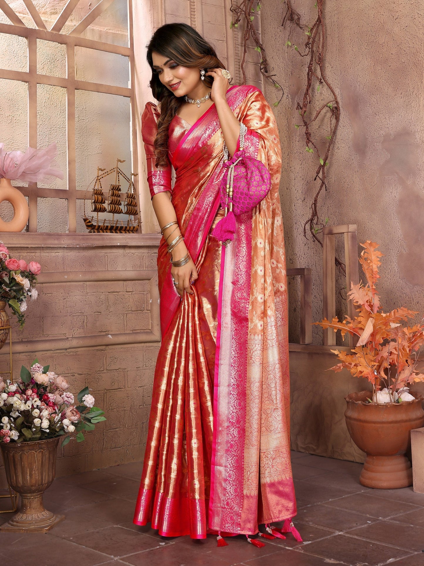 Awesome Tissue Silk Orange Color Saree